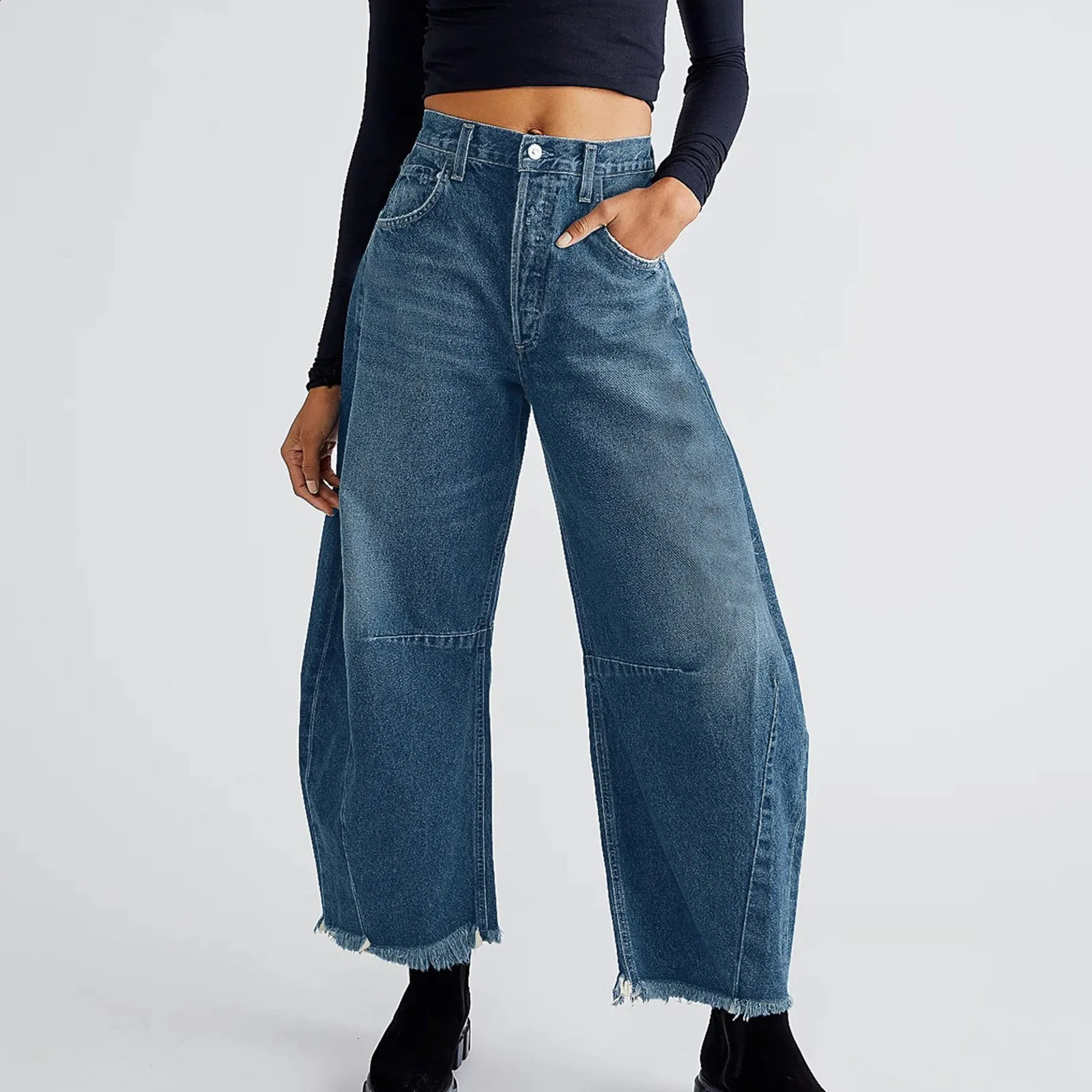 Women Baggy Wide Leg Trousers Jeans Barrel Boyfriend Cropped Hem Denim Pants Japanese 2000s Style Y2k Female Clothing 2024 240821