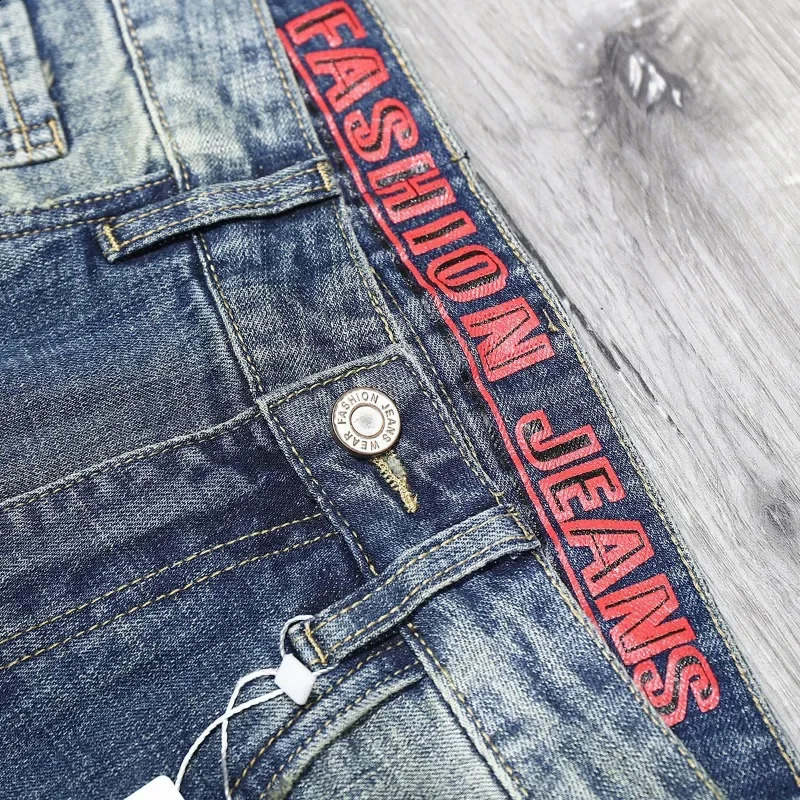 Embroidery Distressed Fashion Men Ripped Jeans Hip-hop Stretch Korean Motorcycle Print Pants Slim Male Hole Male Denim Trousers 240821