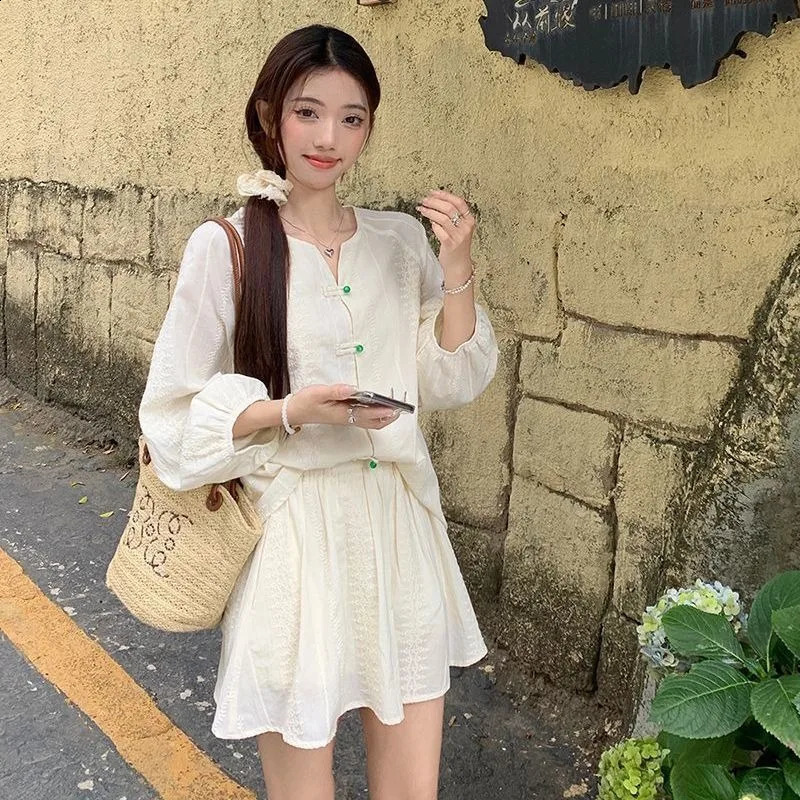 Women Summer Elegant Temperament Frog O-neck Long Sleeve Shirts Ladies All-match Solid Color High Thin Waist Skirt Two Piece Set 240820