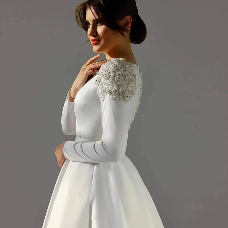 Vintage White Stain Wedding Dresses 2025 Beadings Long Sleeves Bridal Gowns Vestidos De Novia