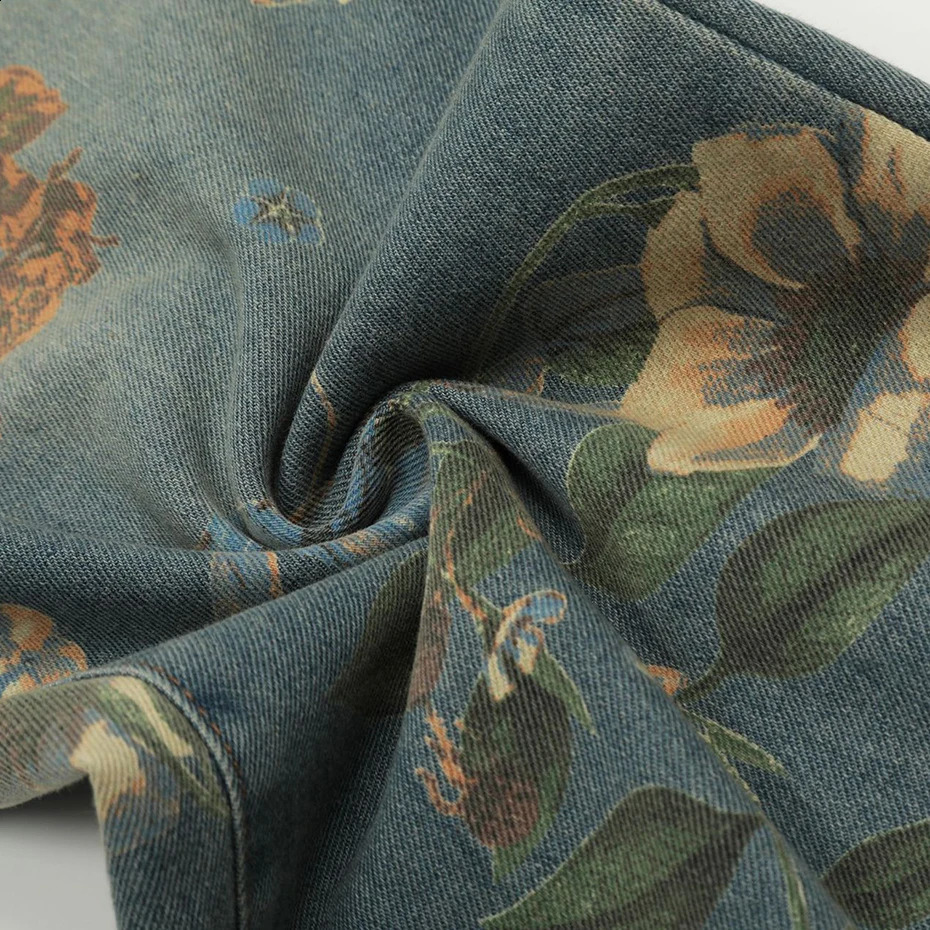 Flower Printed Baggy Jeans Vintage Blue Loose Straight Denim Pants Men Streetwear Harajuku Hip Hop Oversized Jeans Trousers 240821