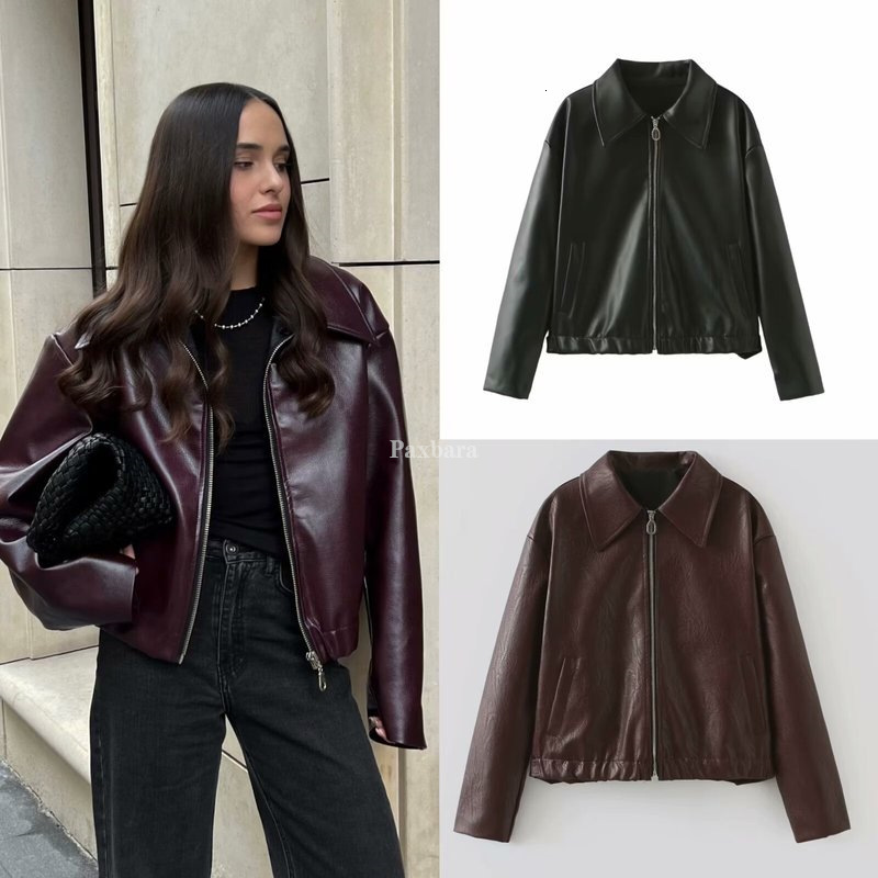 23218 lapel zipper American casual leather jacket, women's coat