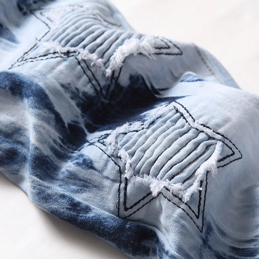 Men Pleated Stars Patch Jeans Tie and Dye Stretch Denim Pants Streetwear Printed Hem Slim Straight Trousers 240821