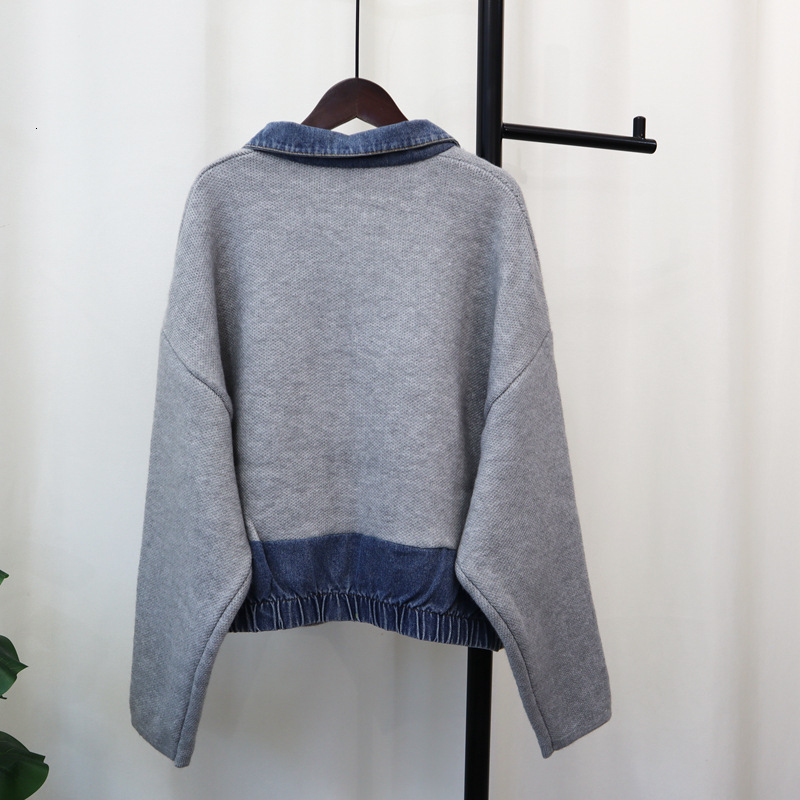 Cowboy patchwork knitted cardigan 2024 autumn winter new item, with collar design and a zipper sweater jacket for women's fashion