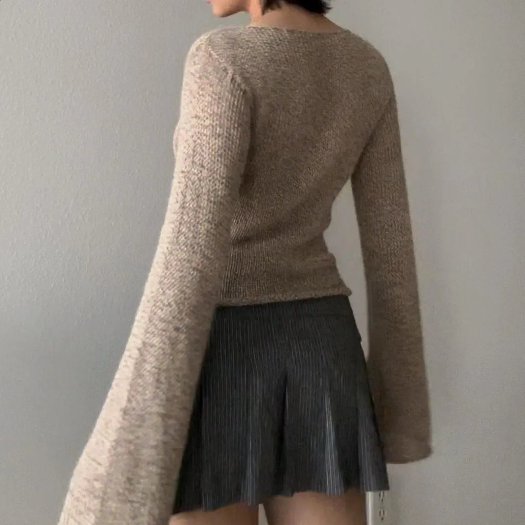 Womens Y2K retro sweater Flare long sleeved boat neck solid color knitted floral casual top 240821