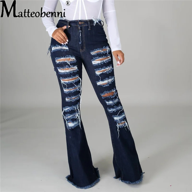 Fashion Women Hole High Waist Ripped Slit Flare Jeans Ladies Black Tassel Denim Trousers Sexy Skinny Bell Bottoms Jean Pants 240821