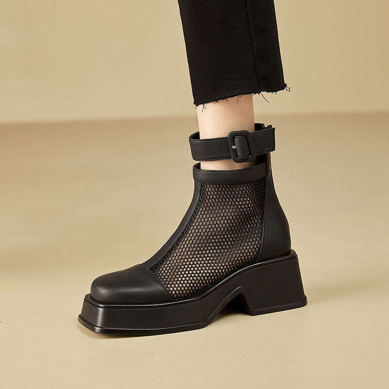 Booties Mesh Short Shoes For Woman Chunky Platform Footwear Black Sandals Women's Ankle Boots Comfortable And Elegant Autumn Pu