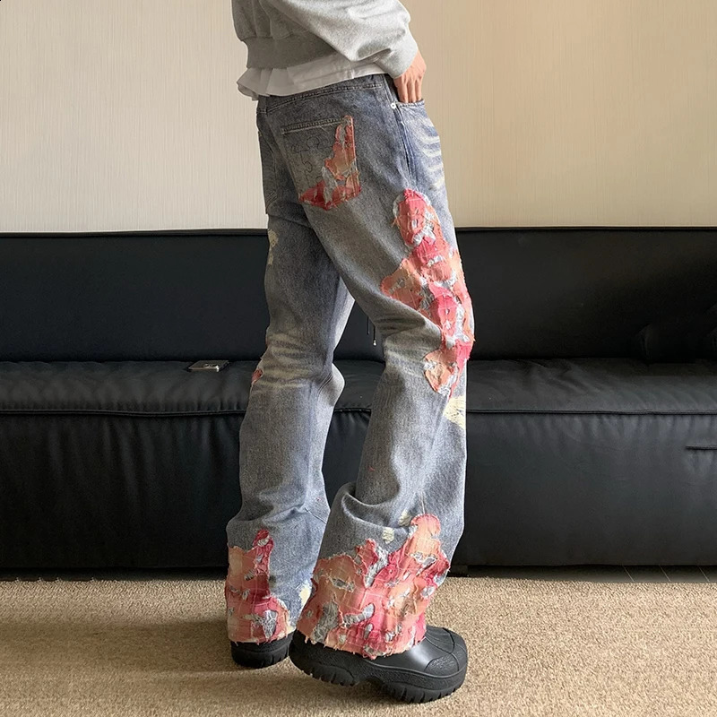 IEFB American Style High Street Denim Jeans Micro Horn Printing Splicing Contrast Color High Street Fashion Male Trousers 240821
