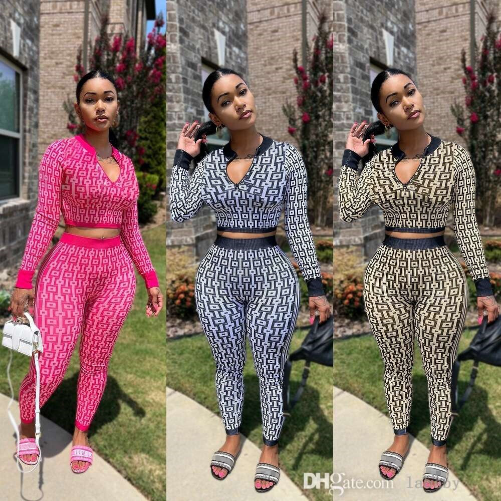 Designer Tarcksuit Women Casual Sweatsuit Spring Autumn Two Piece Set Clothing Elastic Knitted Printed Long Sleeve Sexy Deep Neck Crop Top And Pants Suit Outfits