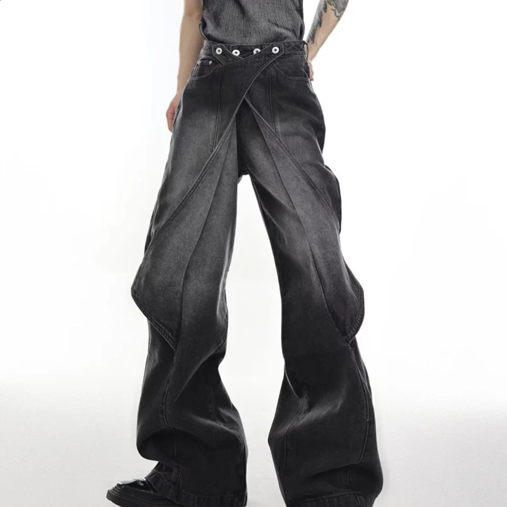 Men Casual Jeans Summer Heavy-Duty Old Washed Jeans Deconstructed Cut-Out n Gradient Color Flared Pants Wide-Leg Pants 240821