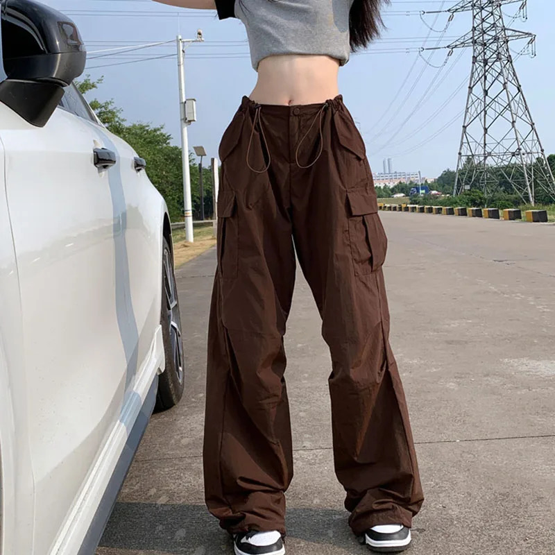 Y2K Brown Drawstring Cargo Pants Women Vintage Hip Hop Streetwear Baggy Pocket Wide Leg Trousers Summer Casual Straight 240821