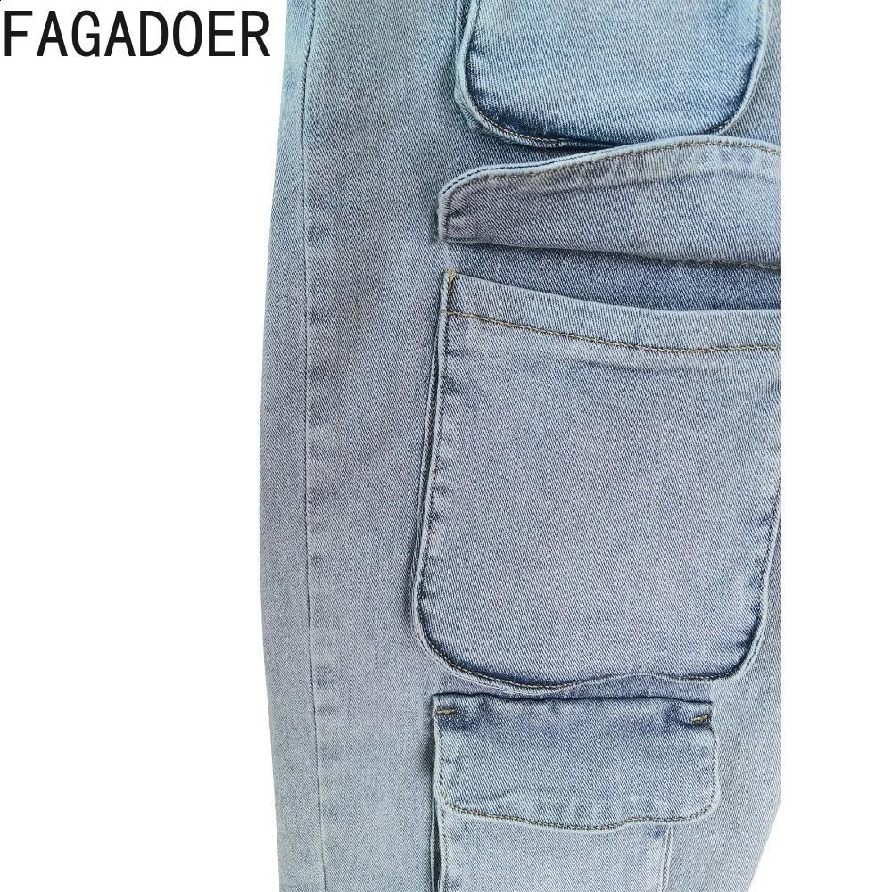 FAGADOER Vintage Denim Pocket Cargo Pants Women High Waisted Button Straight Jean Trousers Casual Female Cowboy Bottoms Z260313