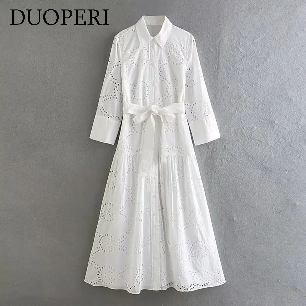 DUOPERI Women Fashion White Cotton Embroidery Midi Shirt Dress Long Sleeves High Waist With Sashes Female Chic Lady Long Dress 240821