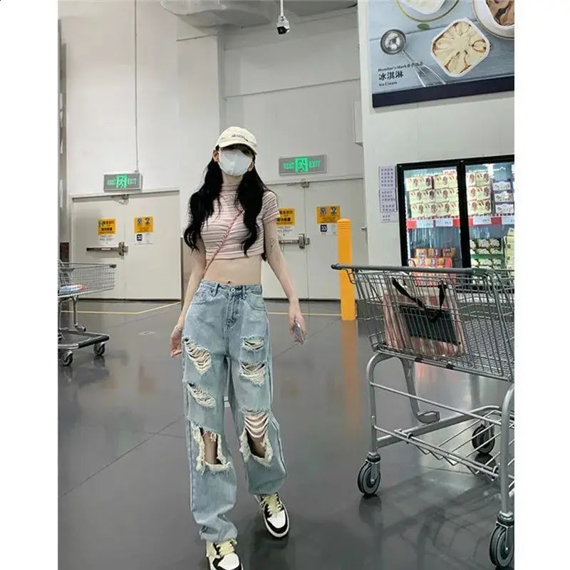 Large Washed Tattered Jeans Womens Spring and Summer High Waist Straight Tube Loose Beggar Wide Leg Pants Z260313