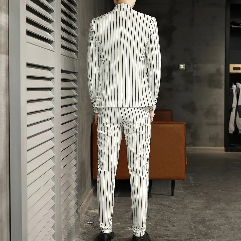 Blazer Pants Mens Fashion Business Casual Korean Version Gentleman Striped Wedding Elegant British Style 2-piece Suit 240821