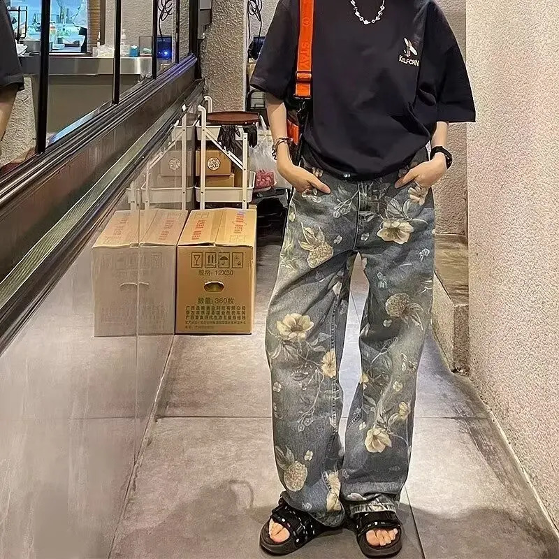 Mens Flower Printed Jeans Y2k Graphic Denim Harajuku Gothic Mid Waist Straight-leg Pants Man Korean fashion Streetwear 240821