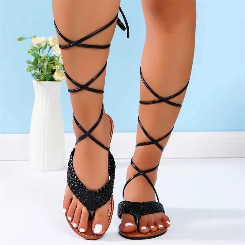Shoes for Women 2024 Summer Fashion Open Toe FlatSandalsSexySolidColor Lace Up Beach Sandals ForWomen Zapatillas De Mujer CL240806