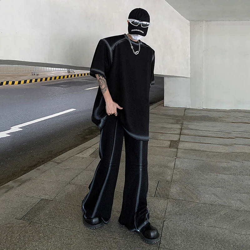FEWQ Men Sets Line n Painting Shoulder Pad Short Sleeve Contrast Color Wide Leg Pants Korean Fashion Darkwear 24X9169 240821
