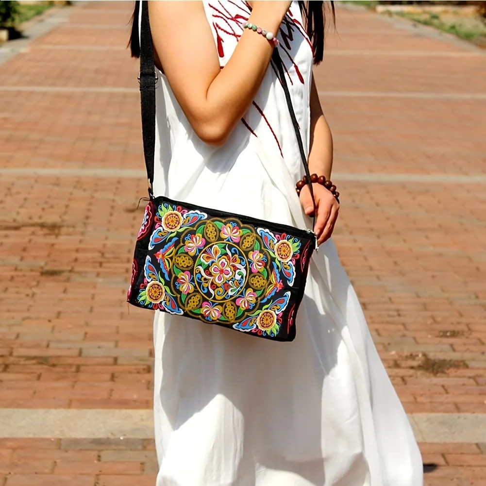 Embroidered Crossbody Bag Womens Canvas Shoulder Stylish Travel Purses 240821