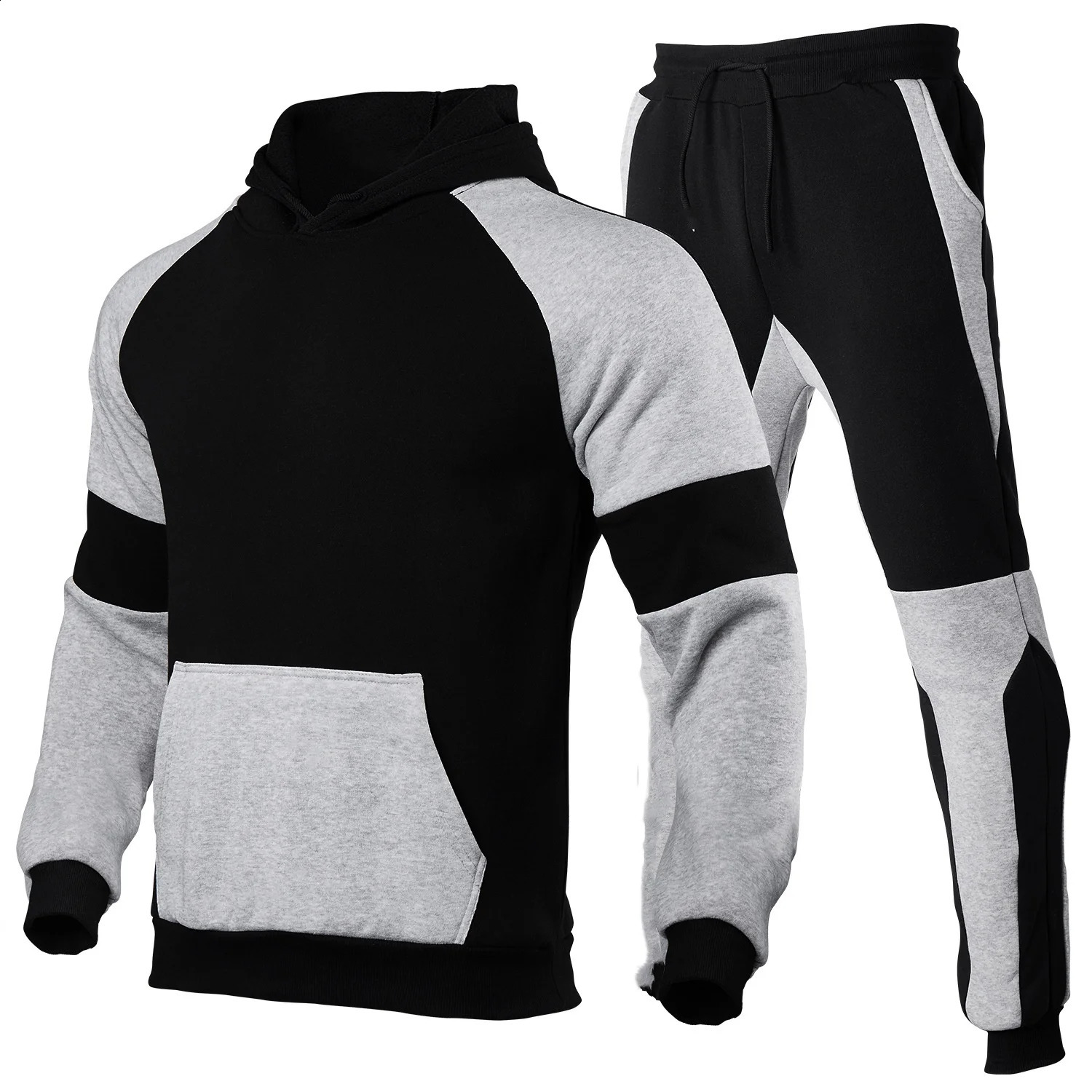 Mens casual multi-stitching plus fleece off-shoulder hoodie suit fashion sports suit 240821
