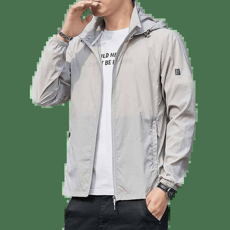 2024 Summer Simple and Trendy Mens Solid Color Pocket Zipper Loose Long Sleeve Sunscreen Breathable Ultra Thin Hooded Coat 240820