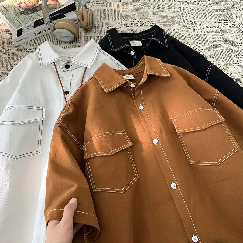 Japanese Vintage Short Sleeve Shirts for Men 2024 Pocket Printed Fashion Polo Neck Button Casual Men Clothing Tops 240821