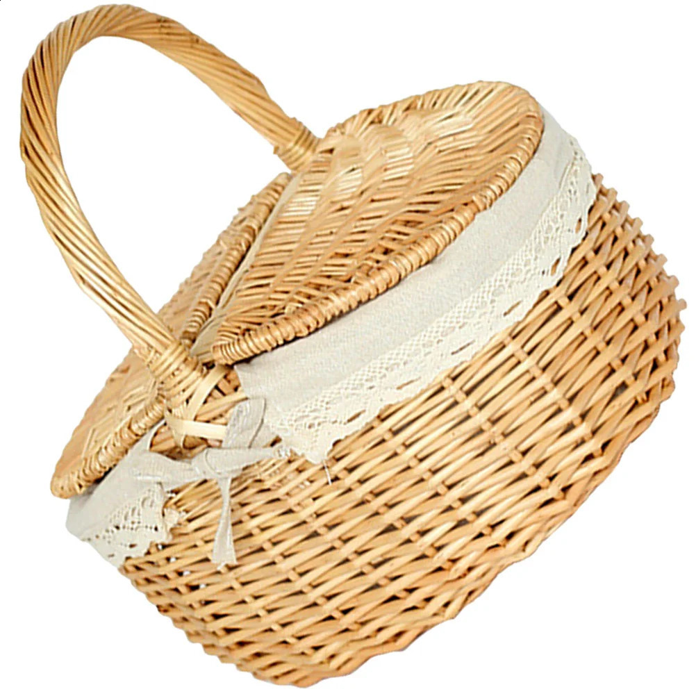 Picnic Fruit Storage Basket Easter Household Snack Container Wicker Basket with Lid Multi-function Wicker Basket Home Supply 240820