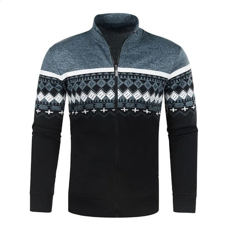 Spring Autumn Mens Knitted Cardigan Jacket Printed Long Sleeve Stand Collar Leisure Slim Zipper Sweater Jacket S-3XL 240821