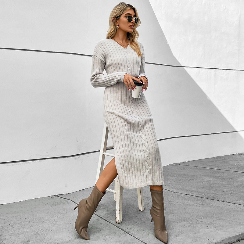 New autumn and winter women's sweater dress, French style western-style V-neck low slit knit skirt with inner lining