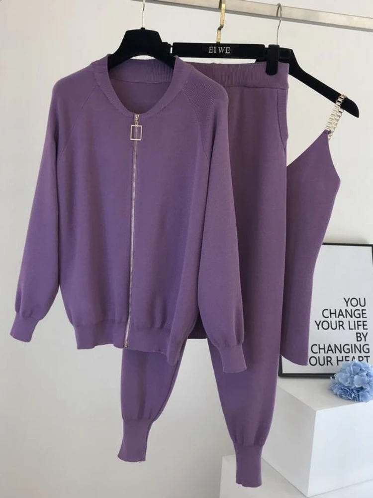 XFPV Autumn Knitted Sweater Suit Casual Temperament Chain Vest Knitted Jacket Elastic Pants Three-piece Sets SM867 240820