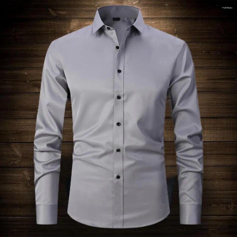Men's Dress Shirts Men Spring Fall Shirt Turn-down Collar Slim Fit Single-breasted Long Sleeves Pure Color Young Formal Event Office Top