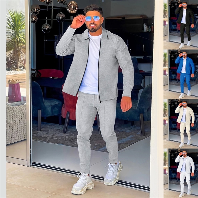 Spring And Autumn Fashion Set Mens Clothing Fashion Street Casual Lapel Zipper Windproof Jacket Trousers Two-piece Set 240821