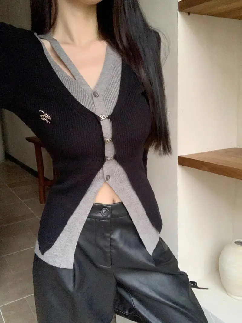 QWEEK Y2K Coquette Knitted Black Sweater Womens Alphabet Printing Korean Fashion Kpop Satin Slimming Top Autumn 240821