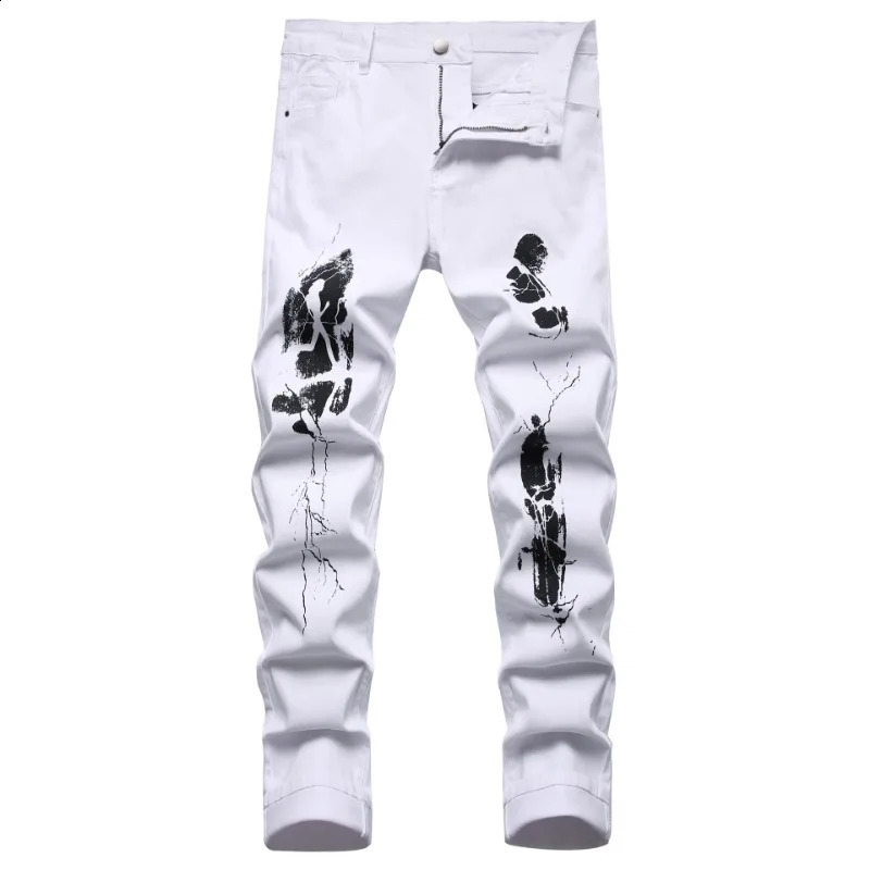 European and American jeans white printed jeans mens elastic color printing pattern personality straight denim trousers 240821