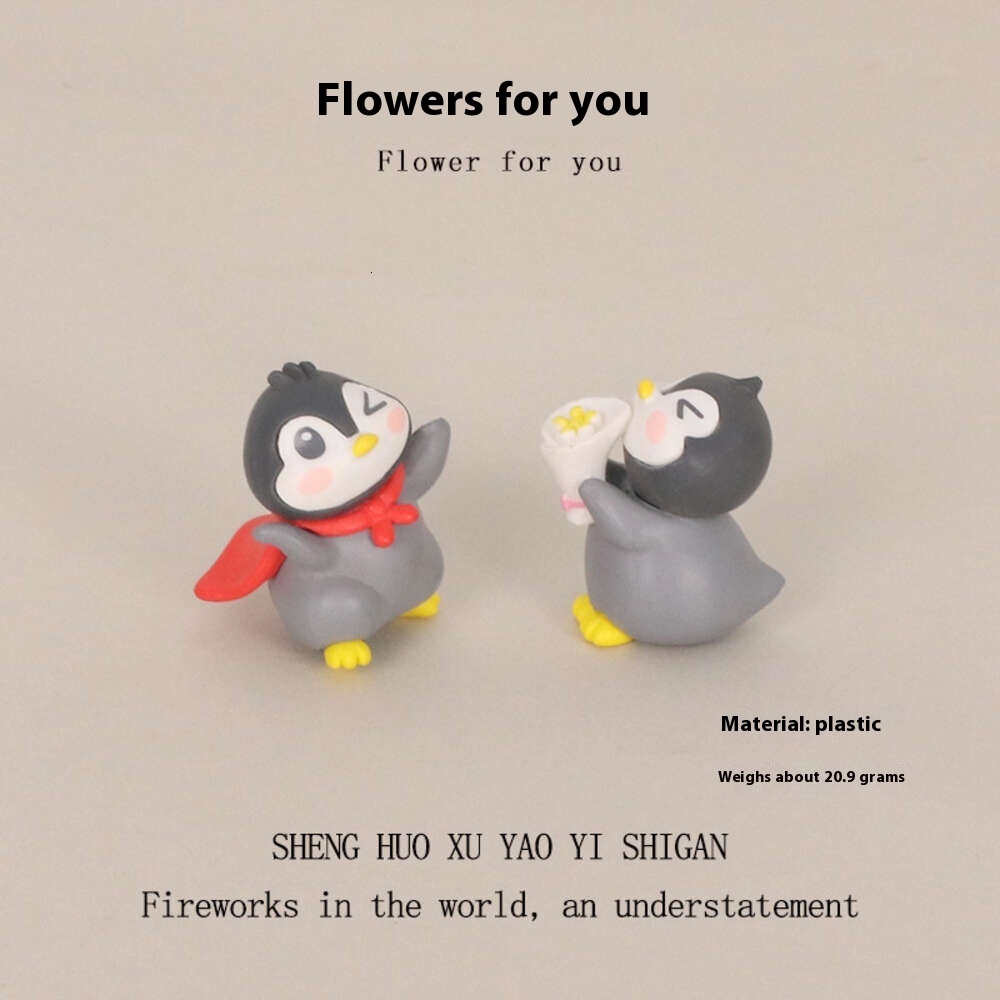 Creative cartoon mini cute funny penguin flower delivery micro landscape scene home car decoration