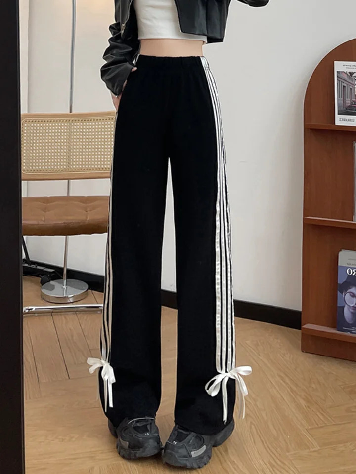 Y2k Pink Striped Sweatpants High Waist Casual Bows Wide Leg Pants Harajuku Trousers Streetwear 240821
