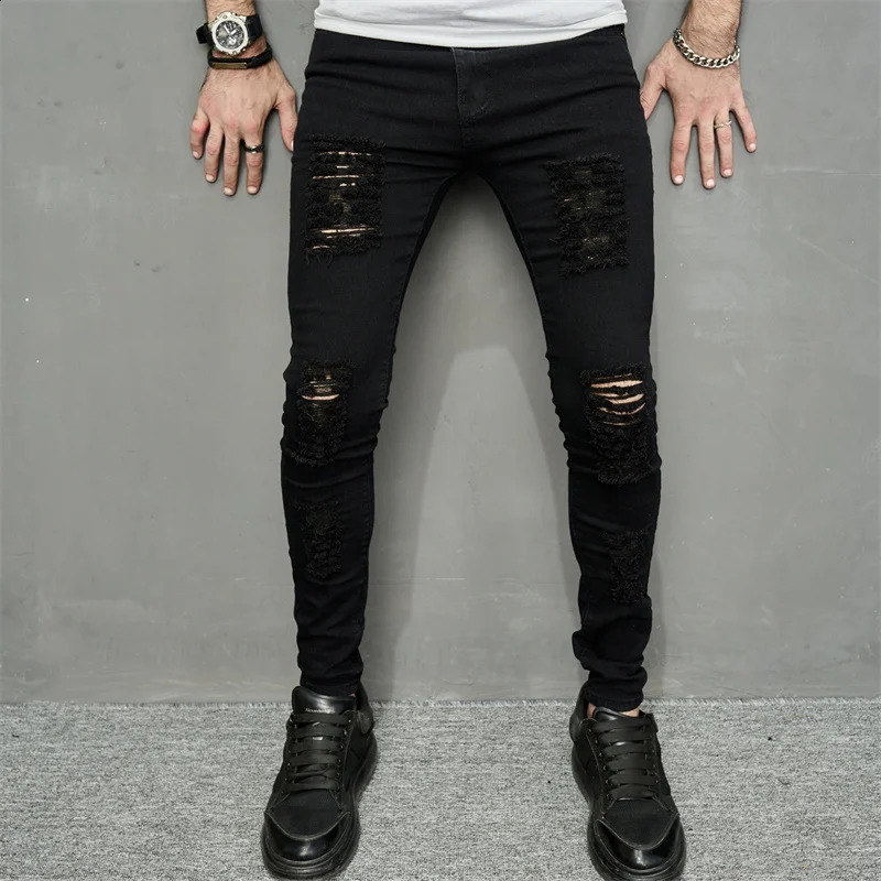 Streetwear Ripped Slim Men Pencil Jeans Pants Stylish Male Hip Hop Stretch Holes Casual Denim Trousers 240821