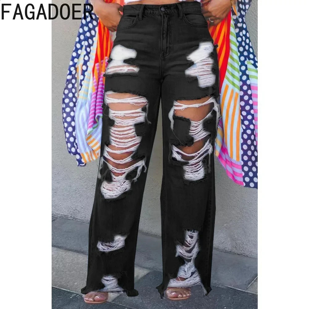 FAGADOER Fashion Hole Straight Jeans Pants Women High Waist Button Pocket Loose Denim Trousers Blue Casual Female Cowboy Bottoms 240821