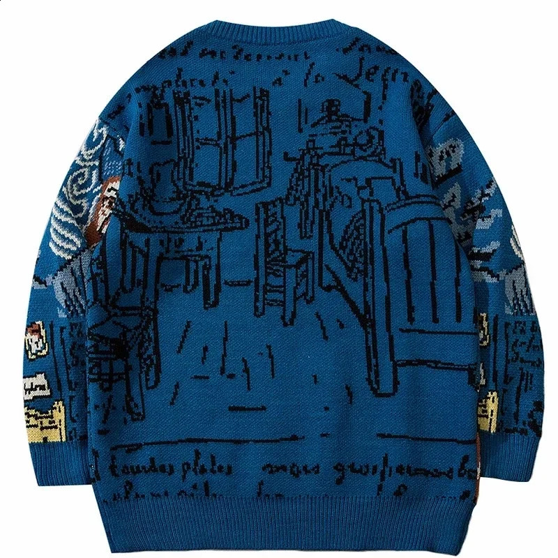 High Street Knitted Sweater Men Van Gogh Graffiti Print Sweaters Cotton Harajuku Loose Padded Pullover Women Streetwear Autumn 240821