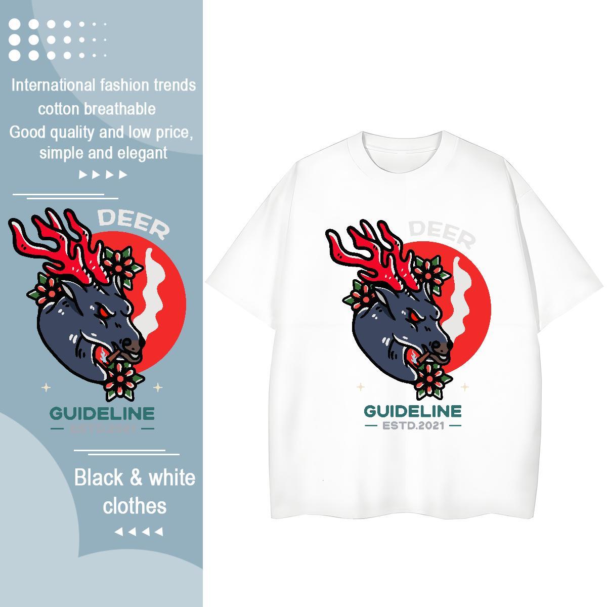 Fashion New T-Shirts for Women Breathable Short Sleeve 230g Cotton Tshirt for Man Woman Cartoon Floral Printing Deer Street Wear Loose Clothes
