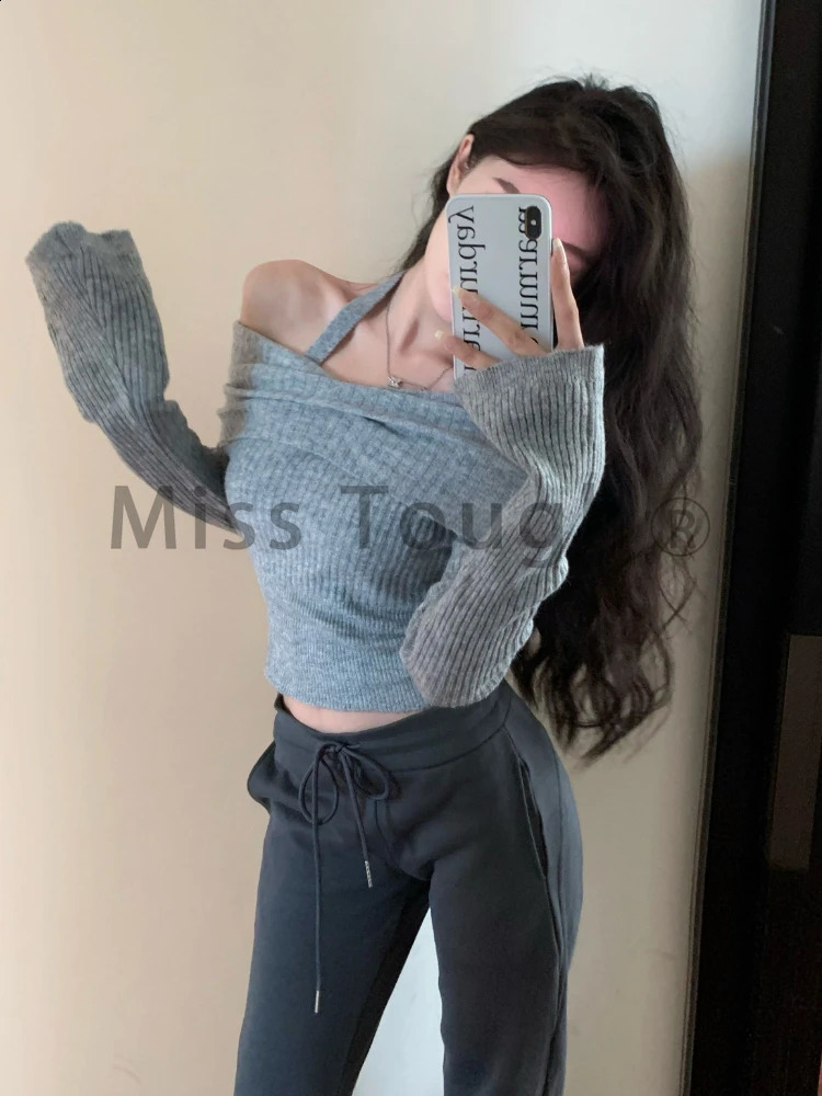 Winter Y2k retro knitted floral womens slanted neck elegant and sexy chic sweater fashionable pure thin casual top 240821