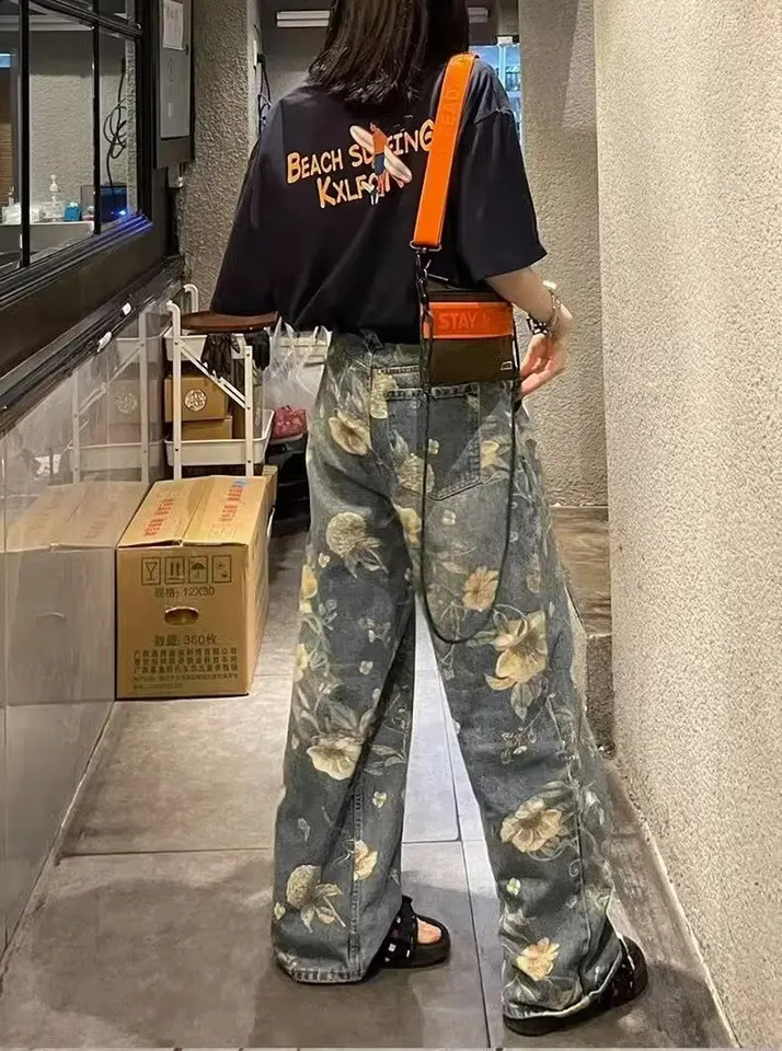 Mens Flower Printed Jeans Y2k Graphic Denim Harajuku Gothic Mid Waist Straight-leg Pants Man Korean fashion Streetwear 240821