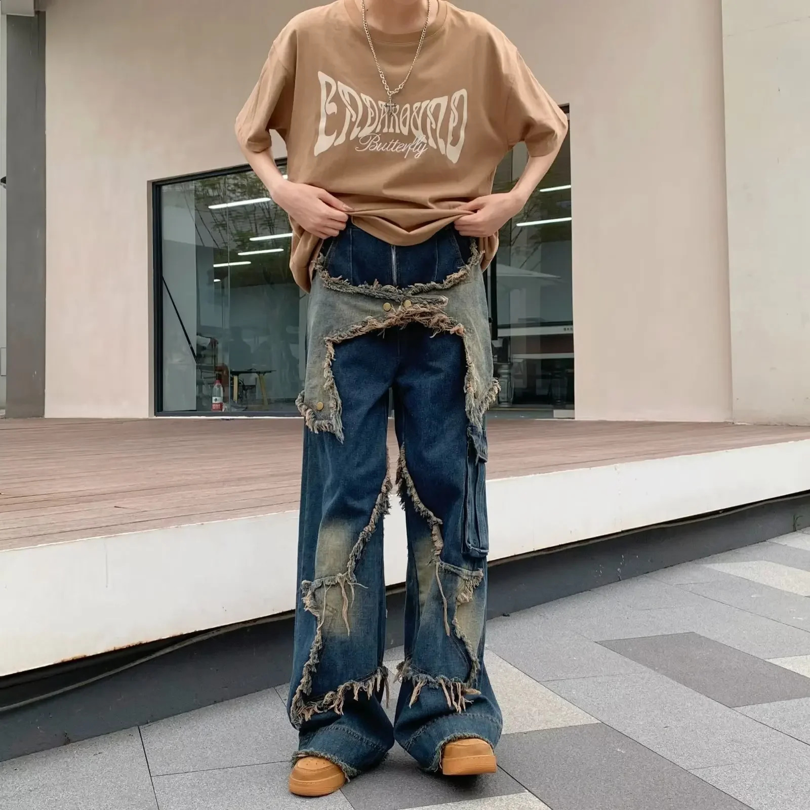 Vintage Wide-leg Denim Jeans For Men Niche n Sensibility Straight-leg Loose-fit Slimming Drag-ground Pants American Style 240821