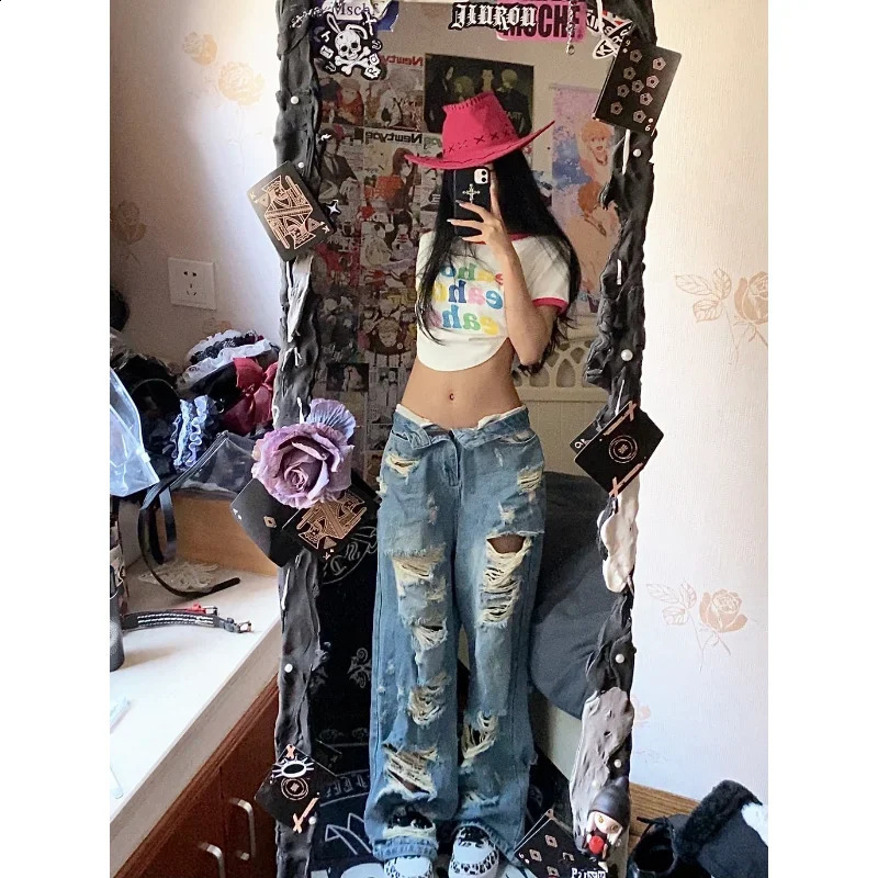 Deeptown Y2k Baggy Ripped Jeans Women Low Rise Gyaru Wide Denim Pants Daddies Streetwear Grunge Hippie Korean Fashion Trousers 240821