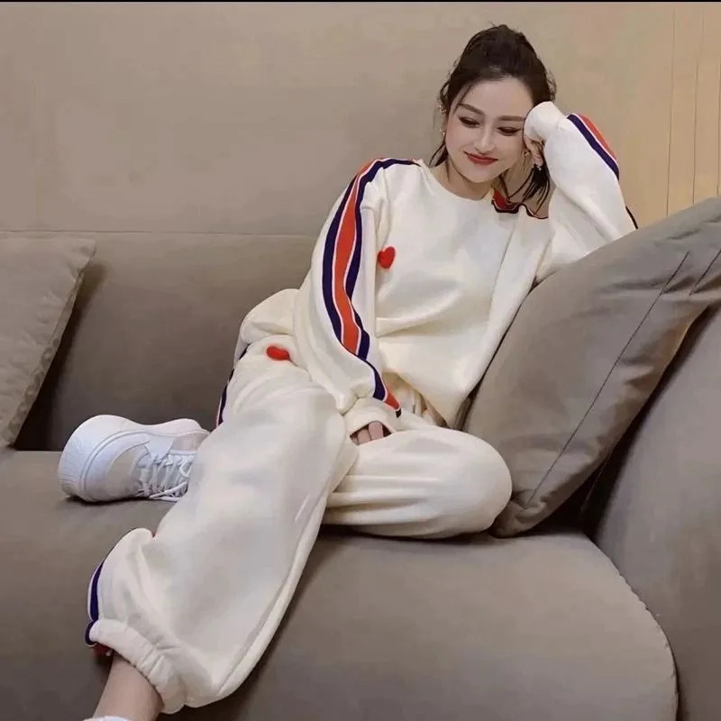 Autumn Cute Love Embroidery Pant Sets Two Pieces Tracksuits Khaki Side Striped Sweatshirt Women Girls Loose Sporty Korean Style 240820