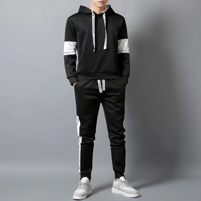 Mens Tracksuit Warm Hooded SweatshirtSweatpants 2 Pcs Sets Winter High Quality Black White Top Or Pants Casual Jogging Clothing 240821