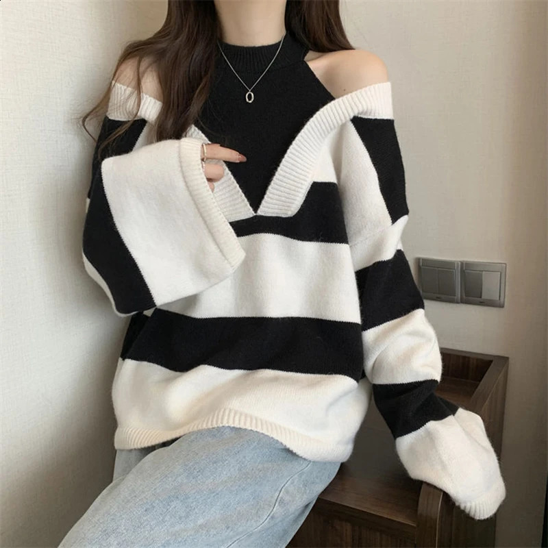 Y2K striped camisole womens sweater Korean knitted loose patch work pullout autumn preparatory style fully matched fashionable top 240821