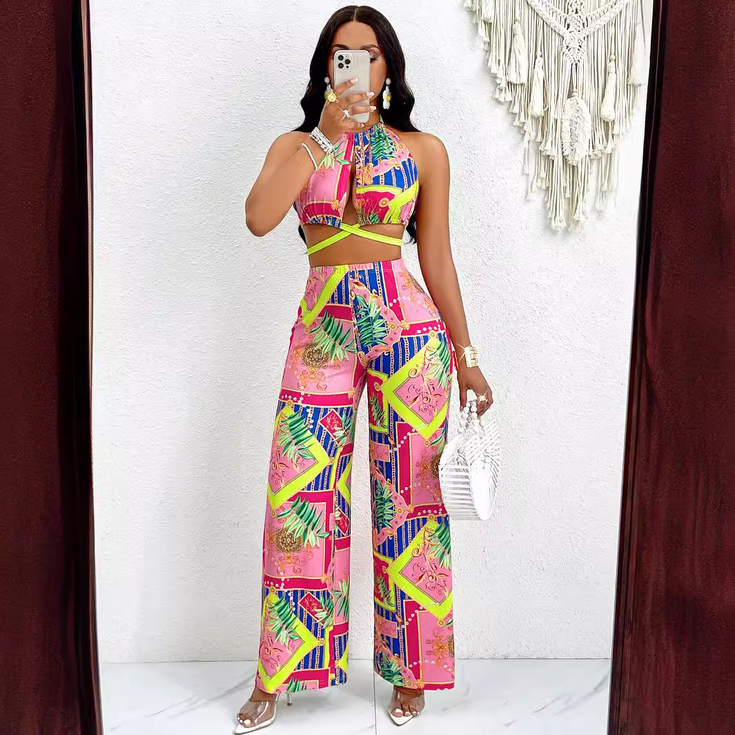 Spring Womens Printed Set Fashion Casual Wear Beauty Prints Shirt Pants Set Beach On The Vacation
