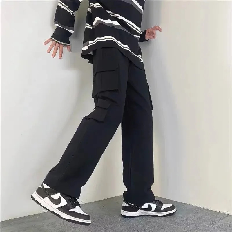 White cotton Japanese style loose fit high street straight leg wide mens casual pants multi pocket cargo 240821
