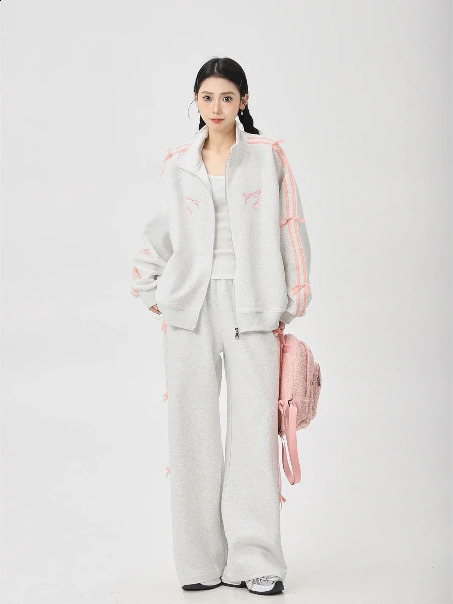 Sweet Girl Bow Suit Womens Korean Spring And Autumn Street Fashion Loose Thin Jacket Wide Leg Straight Pants Two-Piece Suit 240820